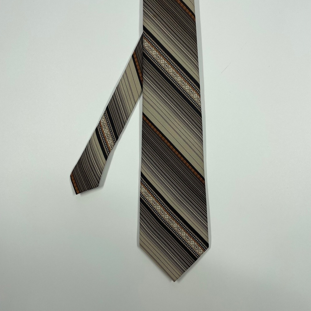 La Bella Collection Brown Tan Striped Geometric Polyester Necktie Mens One Size